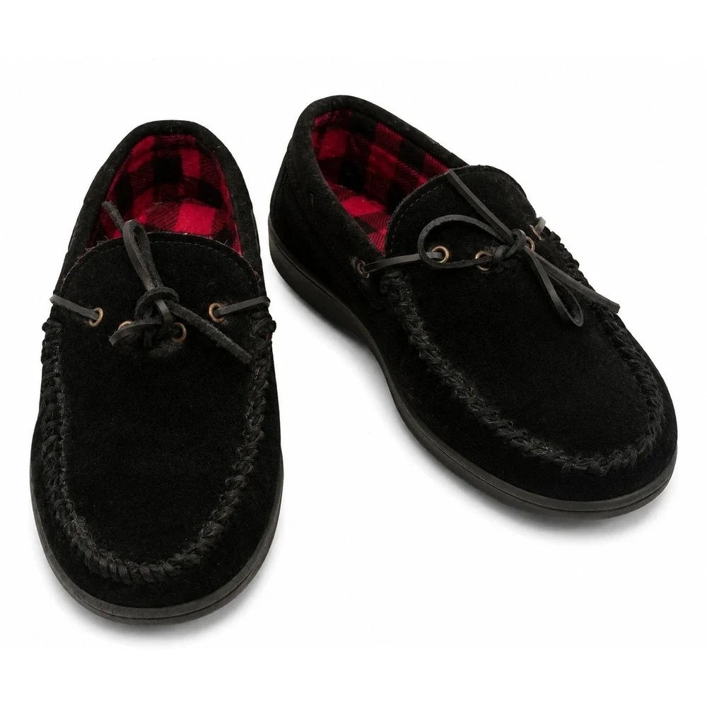 Clarks Mens Casual Moccasins Size 11M Black Leather Red Buffalo Plaid Lining